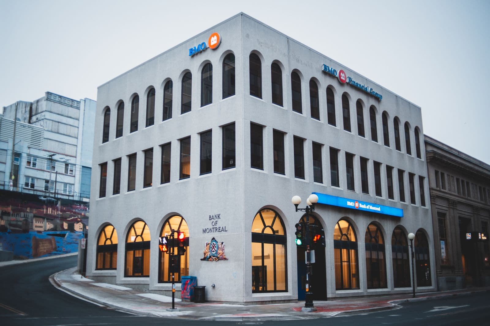 Exterior of a bank branch building in the evening